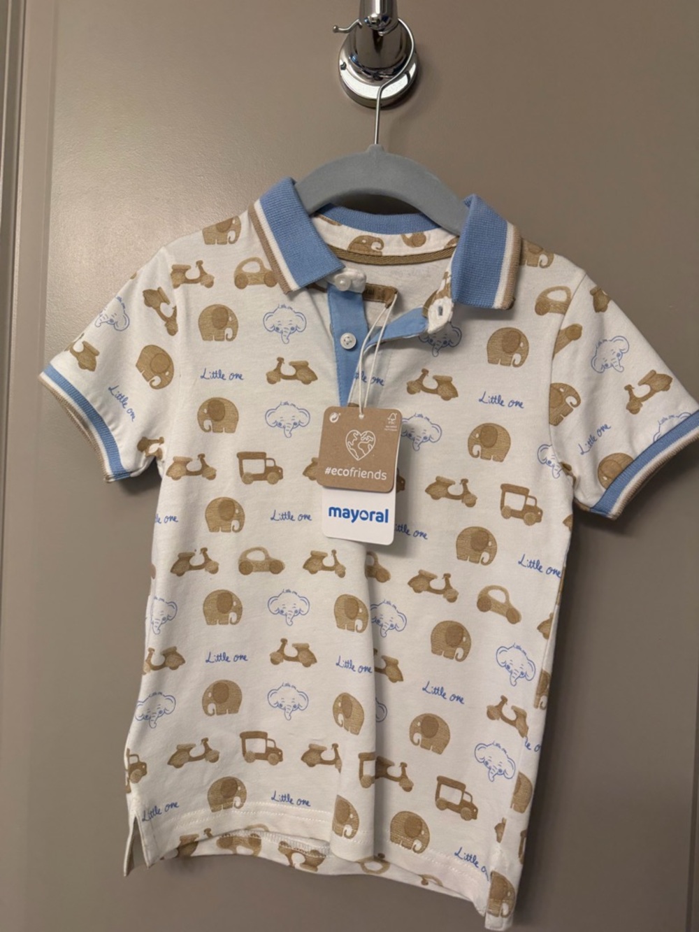 Mayoral White Polo with Tan Animal & Light Blue Trim